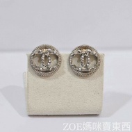 Chanel 銀色雙C造型鑲圓形珍珠點鑽耳夾式耳環