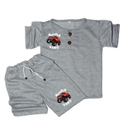 setelan kiano kancingan terbaru motif kendaraan mobil monster usia 1-5 tahun set baju anak laki laki