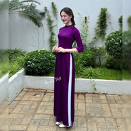 Áo dài màu tím huế đậm cổ V tay lỡ lụa tây thi bóng nhẹ đính ngọc cao cấp may sẵn