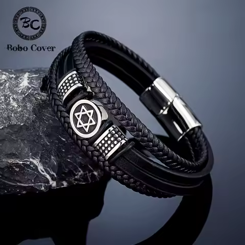 Retro Norse Hexagram Star of David Bracelet Men Stainless Steel Six Point Star Amulet Leather Wristb