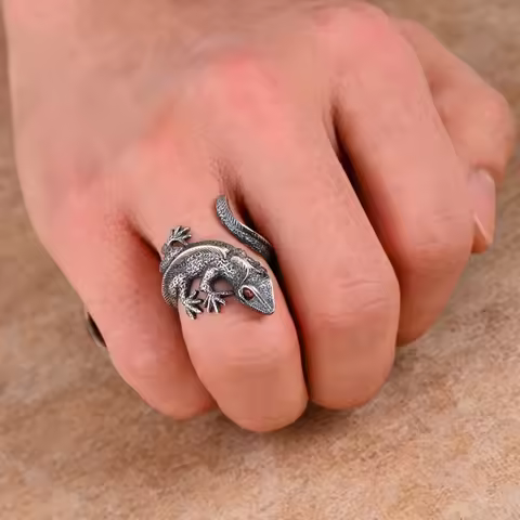 Buyee 925 Sterling Silver Male Unique Ring Finger Cute Lizard Animal Open Ring for Men Fashion Fine 