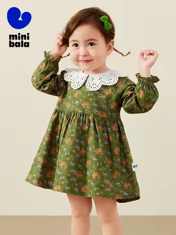 Mini Bala Girls' Long Sleeve Dress Baby Petal Collar Sweet Pure Cotton 2024 Autumn and Winter Versio