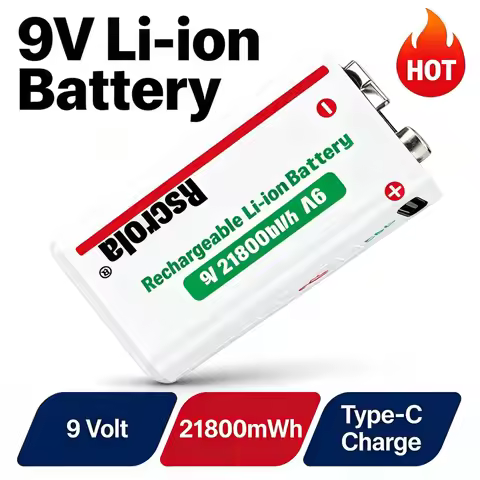 Rscrola Li-ion 9V Battery 21800mWh Rechargeable 9V Battery USB-C Charging Cable Long-life for Camera