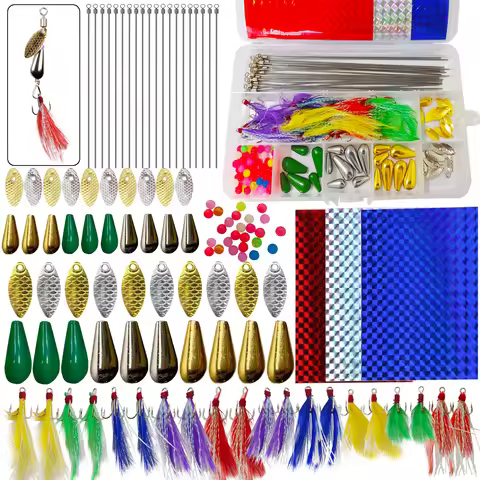 Fishing Spinnerbaits DIY Kit,Metal Sequins,Feather Treble Hook,Sinkers Beads Making Spinner Lures,Ac
