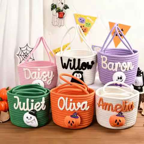 Custom Name Halloween Candy Basket, Personalized Cotton Trick or Treat Bag, Kids Candy Basket, Boo B