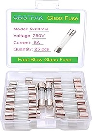 25 Pcs 5x20mm 6 A 6 amp 250 V 0.2x0.78 Inch Volt F6AL250V Fast-Blow Glass (6A)