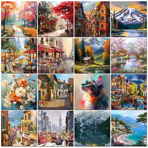 PhotoCustom City Oil Painting By Numbers Scenery Adults DIY Kits Paint By Numbers On Canvas Landscap