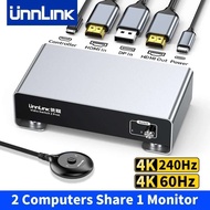 Unnlink HDMI DP to HDMI Switch 4K 240Hz HDMI & 4K 60Hz DisplayPort for 2 Computer Share 1 Monitor