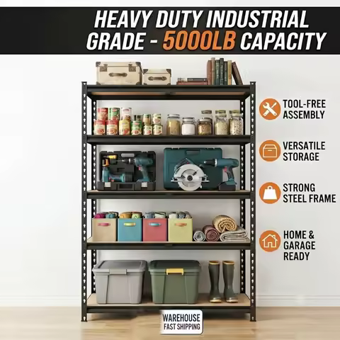27.6'W X 60'H 5-Tier Garage Shelving Unit, 2200 LBS Heavy Duty Storage Shelves, Metal Rack with MDF 