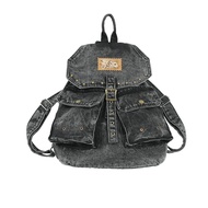 ELFSACK Vintage Washed Black Denim Backpack Y2K Aesthetic Streetwear School Bag Grunge Style Daypack