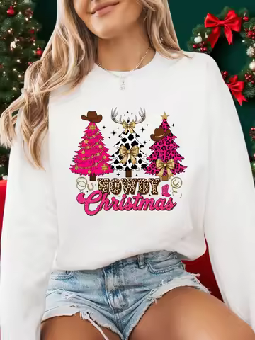 Howdy Christmas Western Printed Women Sweatshirts Fleece Casual Pullovers Hip Hop Crewneck Clothing 