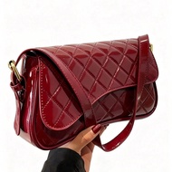 1pc PU Leather Women's Shoulder Bag, Burgundy Square Bag, Versatile Patent Leather Small Bag, Y2K Ba