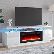 Amerlife Fireplace TV Stand with 36in Fireplace, 70in Modern High Gloss Entertainment Center LED Lights, 2 Tier Console Cabinet for TVs Up to 80in, White