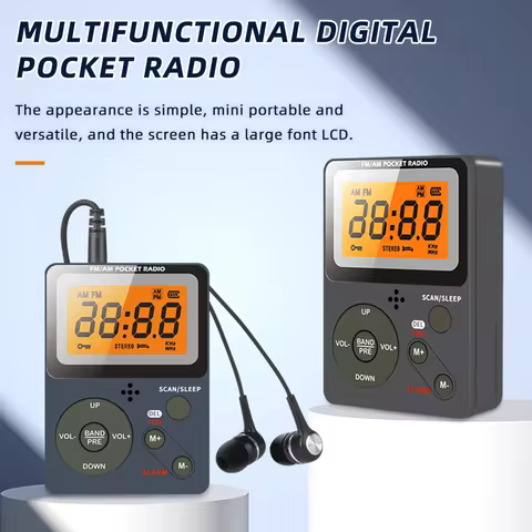 Digital Radio, FM/AM, 2 Band Stereo Music Receiver, Portable Pocket Radio with Headphones, LCD Scree