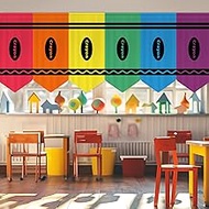 yesaior 6 Pcs Classroom Curtains Colored Crayon Drawing Curtains Back to School Rainbow Pencil Curta