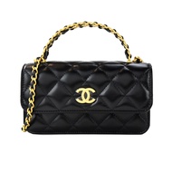 CHANEL 經典雙C菱格紋小牛皮鏈帶手提/斜背包(黑色)/平行輸入