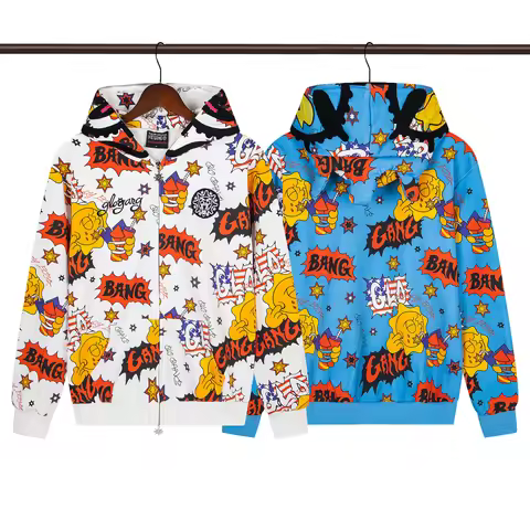 Glo Gang The Glory Full Zip blue white Hoodie Men Women 1:1 High Quality cartoon printed embroidered
