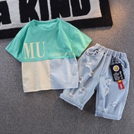SR4 Kids Clothing Boys Casual Suit Loose Short Sleeve T-shirt+Denim Shorts Sport Style Two-piece Out