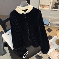 Áo Sơ Mi Vải Nhung Tay Dài Cổ Búp Bê Ren Mùa Xuân Thu Màu Tương Phản Thiết Kế Áo Sơ Mi Nữ Chất Liệu 