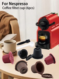 6入組可重複使用的可填充咖啡膠囊,附小匙與刷子,適用於自動咖啡機