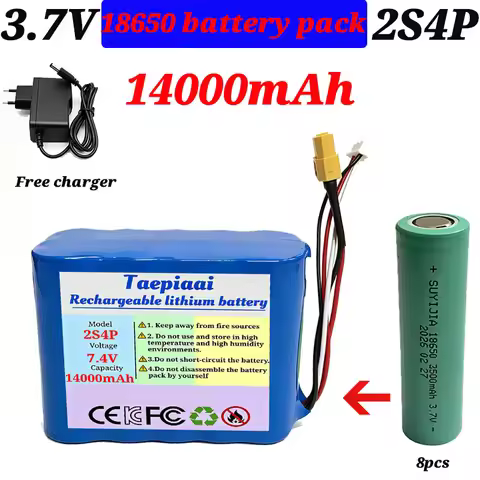 2026 7.4V-8.4V 2S4P 14000mAh lithium battery pack with BMS, free charger, headlight, bait boat, ener