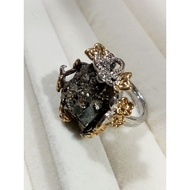 (R129) PYRITE NATURAL GEMSTONE SILVER GOLD FLOWER ADJUSTABLE RING 黄铁矿天然宝石银金花可调节戒指 CINCIN BATU BUNGA PERAK EMAS