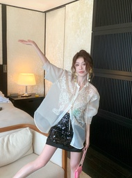 เสื้อเชิ้ตผู้หญิง SYA แขนยาวป้องกันแสงแดด ปักลูกไม้สไตล์จีนใหม่ ทรงหลวม คอตั้ง แขนยาว ทรงหลวม ฤดูร้อ