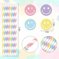 Whaline 60Pcs Preppy Straws Pastel Smile Face Drinking Straws Happy Face Stripe Disposable Straws fo
