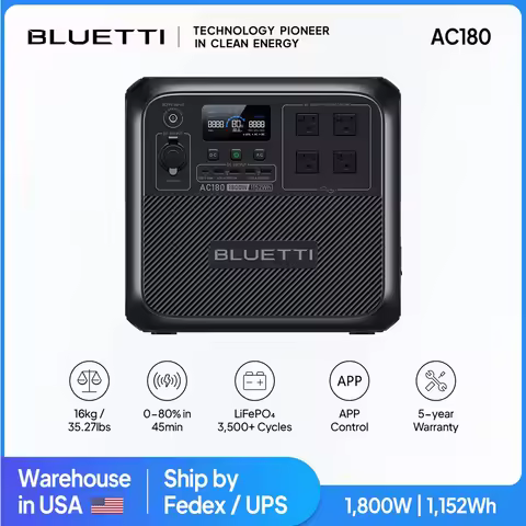 【Brand New】BLUETTI AC180 1152Wh 1800W Portable Power Station LiFePO4 Solar Generator 3500+ Cycles Fo