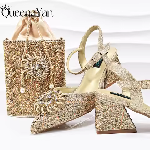 QSGFC Pointed Toe High Heels Shoes and Bags for Women Heel Luxury Rhinestone Evening Wedding Party G