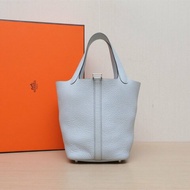 HERMES Picotin18菜籃子08聖杯藍TC皮B刻銀扣肩背包