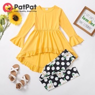 PatPat 2-piece Kid Girl Bell sleeves Ruffled High Low Solid Top and Floral Polka dots Print Leggings