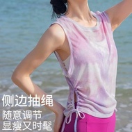 Yoga Wear Blouse Women Thin Style Summer Fashion Printed Sports Leisure Drawstring Strap Breathable 