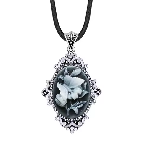 Vintage Flower Pendant Butterfly Plant Cameo Women Necklace Antique Silver Plated Gray Cameo Fashion