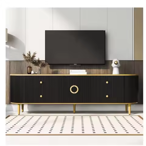 TV Stand Fits TVs up to 80 in. with Vertical Groove Patterns, 4-Storage Drawer, Cabinet, Gold Metal 
