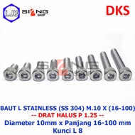 Bolt L M10 Fine Thread P 1.25 Stainless 304 A2-70