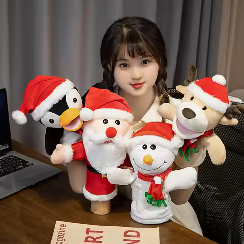 30cm Christmas Plush Hand Puppet Santa Claus Deer Snowman Penguin Interactive Plushie Stage Party Te