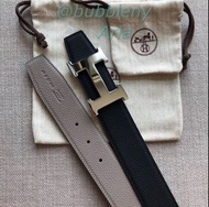 HERMES 愛馬仕 黑灰雙面Epsom皮革金色H扣男士皮帶 38mm