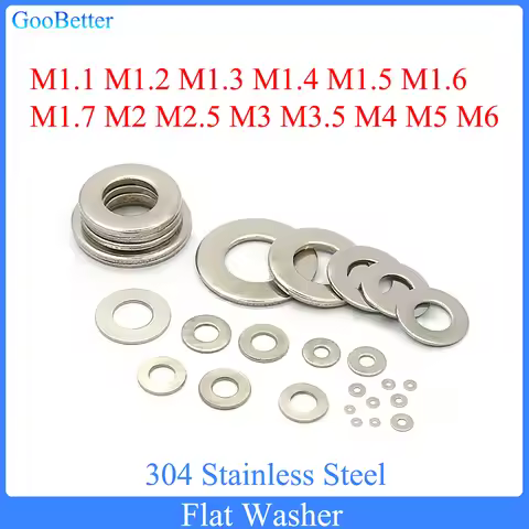 100Pcs Flat Washer M1.1 M1.2 M1.3 M1.4 M1.5 M1.6 M1.7 M2 M2.5 M3 M3.5 M4 M5 M6 304 Stainless Steel M