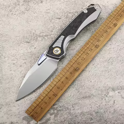14C28N and Damascus Steel TC4 Titanium Alloy Carbon Fiber Inlaid Handle Hunting Folding Knife Portab