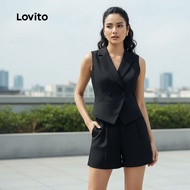 Lovito Chic Buttoned Shorts Set for Women - Elegant Black Top and Shorts for Spring/Summer L137ED209