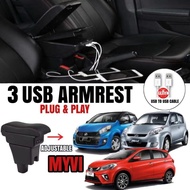 PERODUA MYVI Armrest 3USB Port Adjustable 2layer Console Box Storage Box Car Arm Rest Compartment