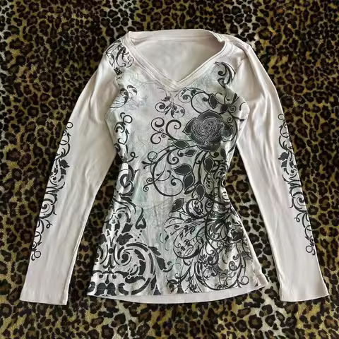Y2k Gothic Graphic Tee Tops Women Vintage Skull Print Long Sleeve Baggy T Shirt Emo Fairy Grunge Shi