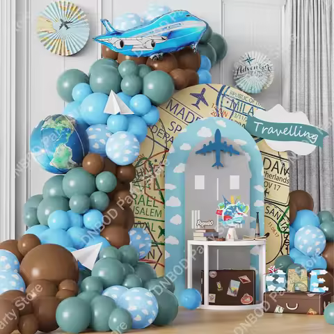 115pcs Travel Party Theme Balloon Garland Kids Blue Sky Clouds 4D Earth Aircraft Birthday Baby Showe
