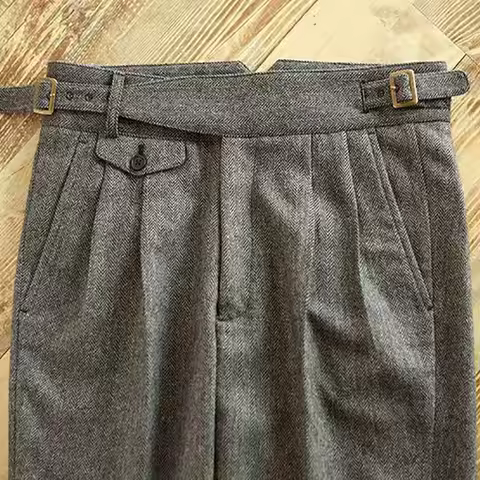 Fashion Autumn Winter Vintage Gurkha Woolen Pants Men England Style High Waist Smart Casual Straight