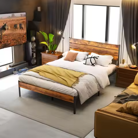 JHK Queen Size Metal Platform Bed Frame with Headboard and Footboard with 800LBS Sturdy Wooden Slats
