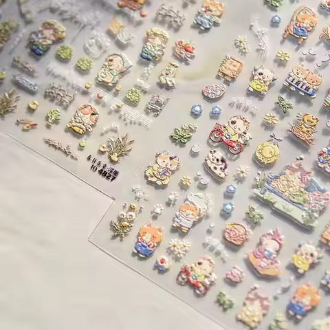 Tomoni 5D Cartoon Nail Stickers Anime Cat Panda Stickers For Nails Nail Supplies Nail Decoration Sti