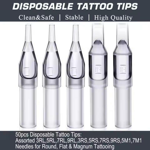 50 disposable tattoo needle tips: mixed 3RL, 5RL, 7RL, 9RL, 3RS, 5RS, 7RS, 9RS, 5M1, 7M1 round needl