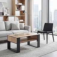 CENSI 36-Inch Coffee Table for Living Room, Modern Black and Oak Center Table with Open Storage Shel