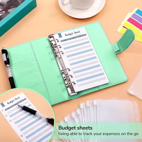 J1UL1N A6 PU Leather Budget Binder,With 8 A6 Binder Bags,12 Papers,6 Ring Binder Budget Envelope Sys